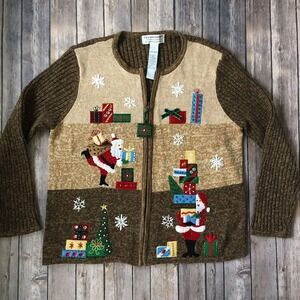 Xmas Sweater Top Women L 12 14 Santa Claus Beaded Sequin 3D Ugly Holiday Teacher